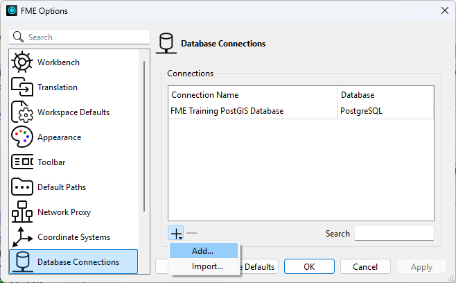 FME Options Database Connections page with the Add button highlighted and several saved connections listed.